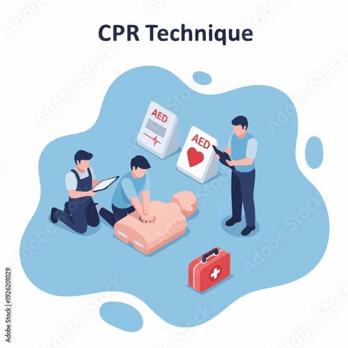 Medical professionals performing CPR on a dummy with AED device nearby.