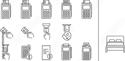 POS Terminal and Payment Processing Line Icon Set with Card Machine, Receipt Printer, Cash Register and Contactless Transaction Symbols