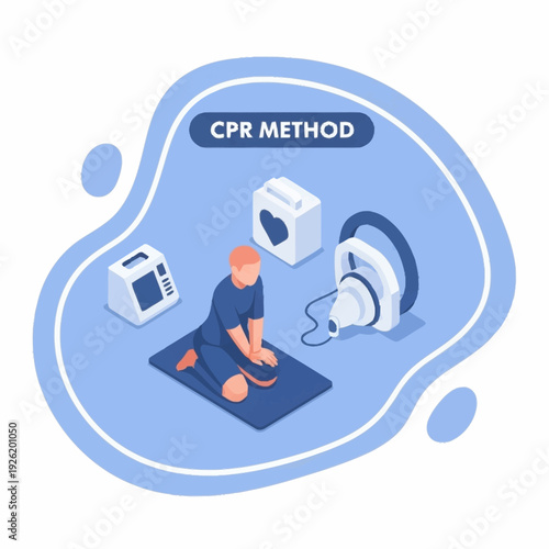 CPR Method Infographic with Man Performing Resuscitation.