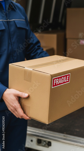 Delivery Worker Holding Cardboard Box for Shipping Service