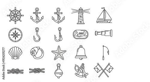 Collection of nautical and maritime themed line art illustrations and icons.