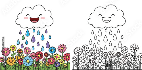 Cute Happy Cloud Raining on Colorful Flowers - Springtime Growth and Nature's Joy