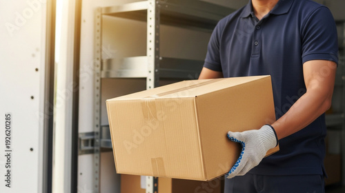 Delivery driver carrying cardboard box from van