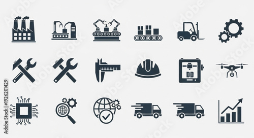 Industrial and Manufacturing Icons Representing Production and Technology.