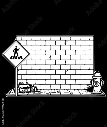 Crosswalk sign and fire hydrant on a brick wall background, representing urban street elements