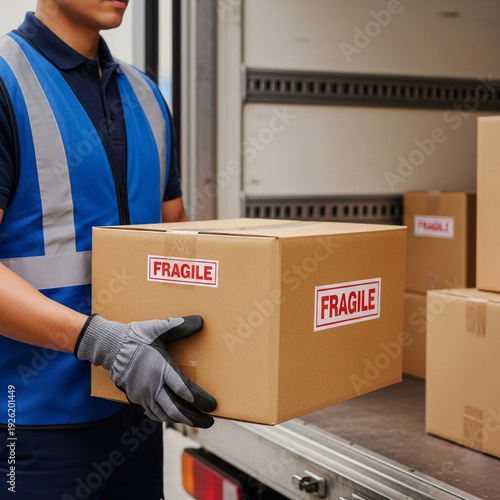 Logistics Professional Carefully Handling Fragile Cardboard Box
