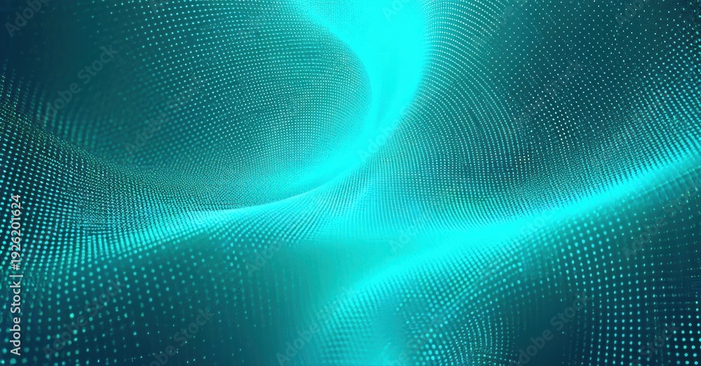Fototapeta premium Abstract teal background. Dots create flowing wave effect. Digital design, futuristic aesthetic, dark borders present.