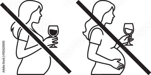 Warning signs illustrating a woman and a pregnant woman holding a wine glass with a red 'X' over them, symbolizing no alcohol.