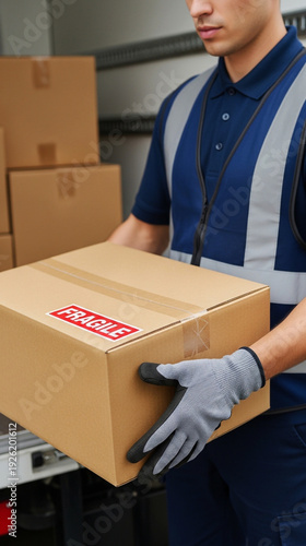 Logistics professional carefully carrying a parcel for delivery