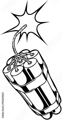 Monochrome illustration of dynamite sticks with a burning fuse. Symbolizes impending explosion, urgent action, critical impact, and the concept of powerful, high-stakes potential