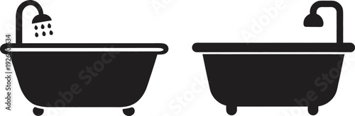 Bathtub silhouette vector set, Luxury bathtub silhouette with shower set, modern bathroom vector icons