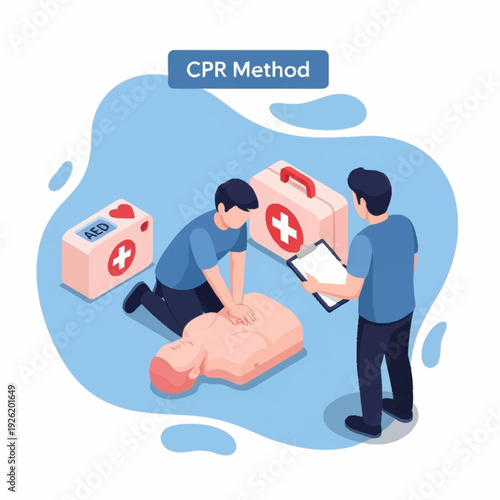 Illustration of CPR training with mannequin and first aid kit.