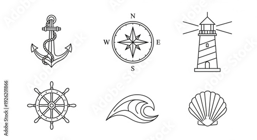 Nautical themed illustrations of anchor, compass, lighthouse, ship wheel, wave, and seashell.