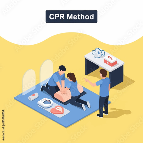 Illustration of CPR Training Session with Three People Practicing on a Dummy.