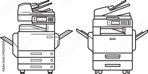 Modern black and white line art vector illustrations of two office copiers, ideal for business and technology concepts.