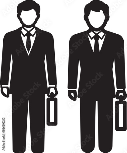 Sleek black and white vector silhouette illustrations of two businessmen in suits holding briefcases, symbolizing corporate professionals.