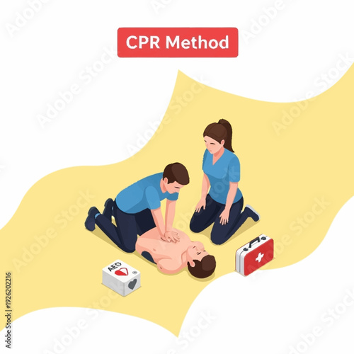 Medical professionals performing CPR on a person with defibrillator nearby.