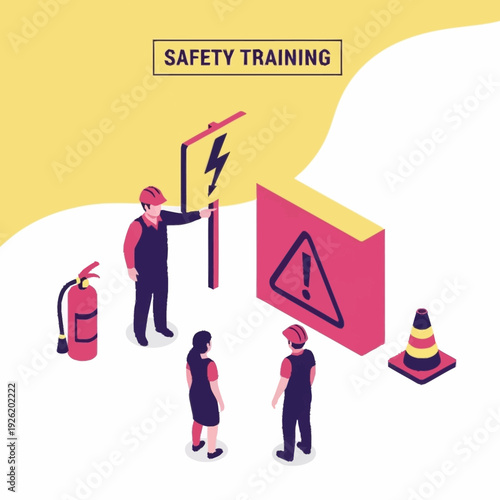 Safety Training Illustration with Workers and Warning Signs.