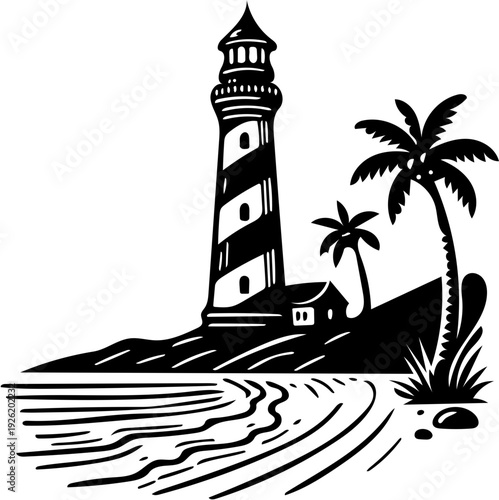 Stylized monochromatic illustration depicting a serene coastal landscape with a towering lighthouse, graceful palm trees, and gently lapping ocean waves along a tropical island shore