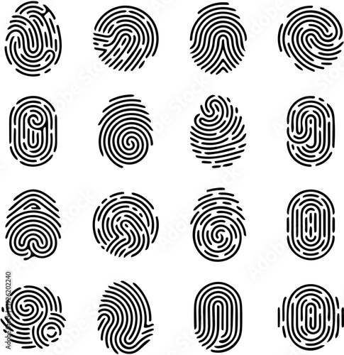 Collection of diverse human fingerprint patterns showcasing individual biometric identification for security and privacy concepts in a detailed graphic vector design
