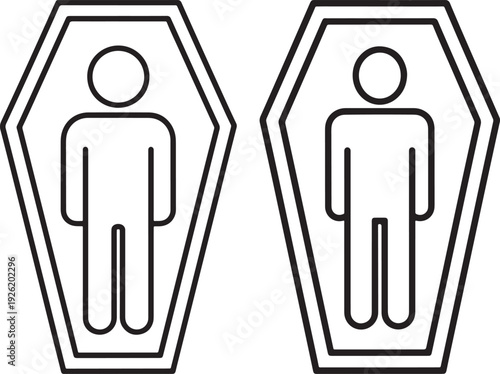 Stylized black and white line art vector illustrations of two figures inside coffins, representing death, finality, or endings.