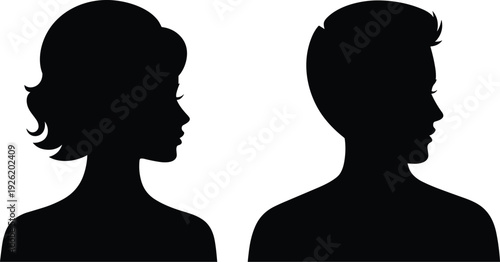 Silhouette profiles of man and woman facing each other, communication concept, psychology study, gender comparison, relationship illustration, black white artworkv