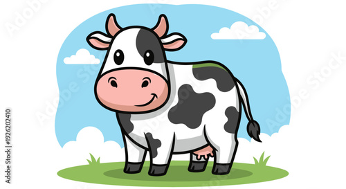 Cartoon Cow Standing on Green Grass.
