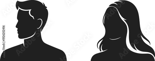 Silhouette profile icons, male female head shapes, black white vector illustration, gender identity concept, people avatar design, artistic representation