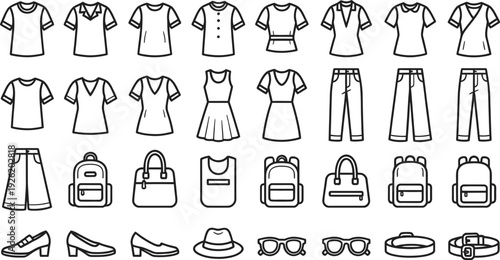 Fashion icon collection. Includes 30 clothing, accessories, and footwear symbols. Created in line style with black and white palette.