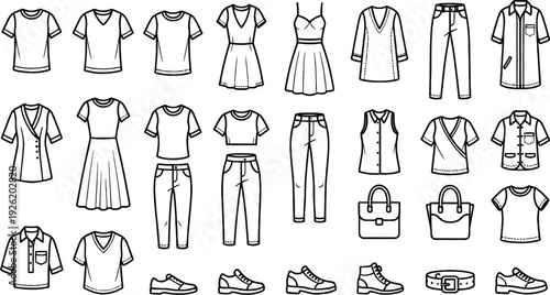 Fashion icon collection. Includes 25 clothing, shoes, and accessories symbols. Created in line style with black and white palette.