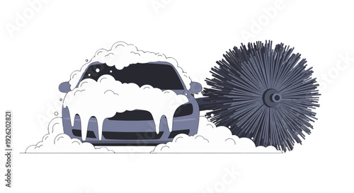 Blue sedan covered in thick white soap suds being washed by a large rotating brush.