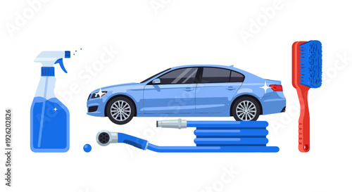 Blue Sedan Car and Car Wash Cleaning Supplies Spray Bottle Coiled Hose and Scrub Brush.