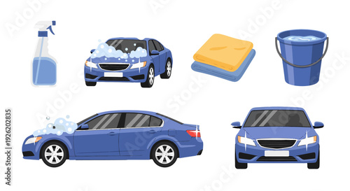 Blue sedan car covered in white soap suds ready for a thorough wash clean wheels.