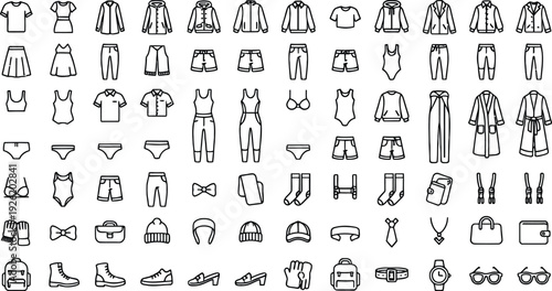 Fashion icon set. Includes 40 clothing, accessories symbols. Created in line style with black and white palette.