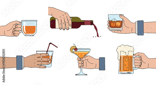 Cartoon hands holding diverse beverages wine pouring beer mug cocktail juice and whiskey glass with ice.