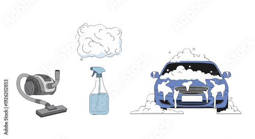 Cartoon blue car front view completely covered in white washing foam and bubbles.