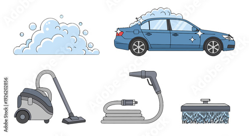 Cartoon blue sedan car being washed with soap suds and sparkling clean details.