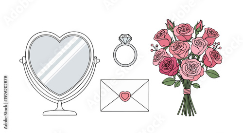 Charming romantic vector illustration set featuring a heart mirror diamond ring love letter and pink rose bouquet.