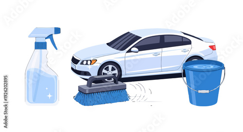 Clean white sedan car with blue car wash tools transparent spray bottle bristled scrub brush and waterfilled bucket.
