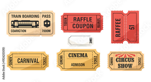 Diverse collection of vintagestyle tickets for various events with perforated edges.