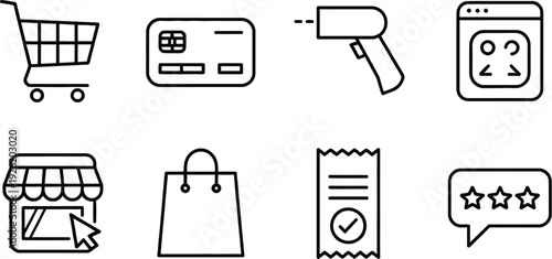 E-commerce icon set. Includes shopping cart, credit card, hair dryer, washing machine, store, shopping bag, receipt, and rating icons. Created in line style with black and white color palette.