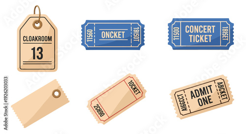 Flat design vector set of various paper tickets and tags including concert admit one and cloakroom items.