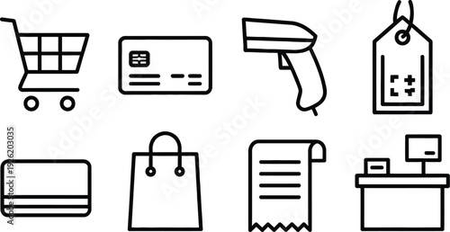 E-commerce icon set. Includes shopping cart, credit card, barcode scanner, price tag, wallet, shopping bag, receipt, and cash register. Created in line style with black and white color palette.