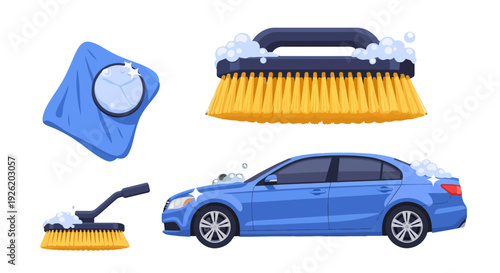 Illustrative blue sedan car brushes and cleaning cloth with suds for a sparkling car wash.