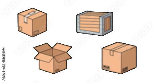 Isometric brown cardboard boxes open and closed with a wooden crate illustration set.