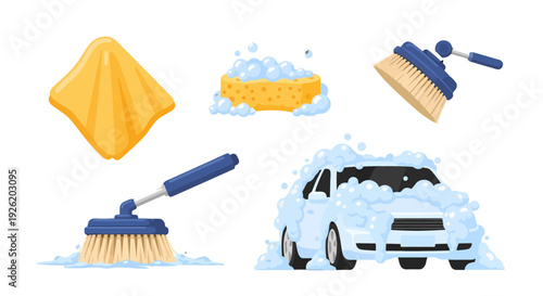 Light blue car covered in thick white soap bubbles front view cartoon style illustration.