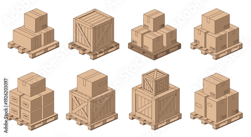 Isometric brown cardboard boxes and wooden crates stacked on wooden pallets featuring shipping symbols.