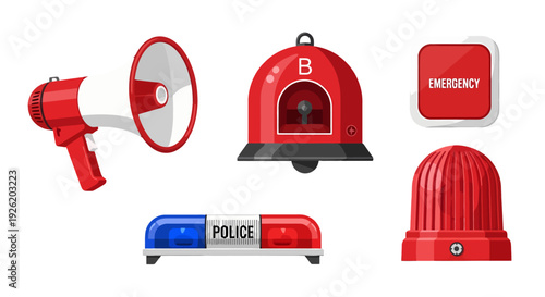 Vibrant red and blue emergency alert devices megaphone fire alarm bell police light bar warning siren and button.