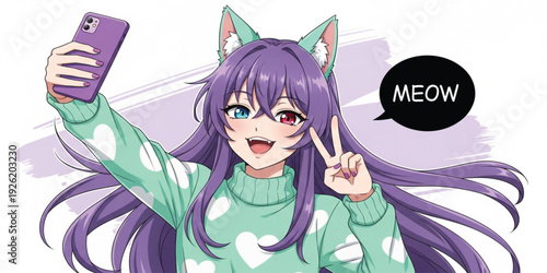 Anime Cat Girl Taking Selfie with Smartphone Cute Manga Character with Heterochromia Eyes and Kawaii Expression for Social Media Illustration