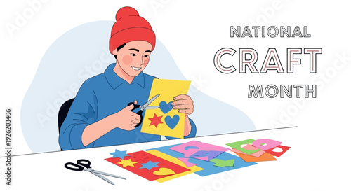 A man in a red hat and blue shirt crafts a colorful paper heart with scissors and various DIY projects on a table for National Craft Month.